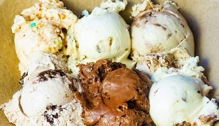 A bowl of six Betty Rae's ice cream scoops — one for each of us