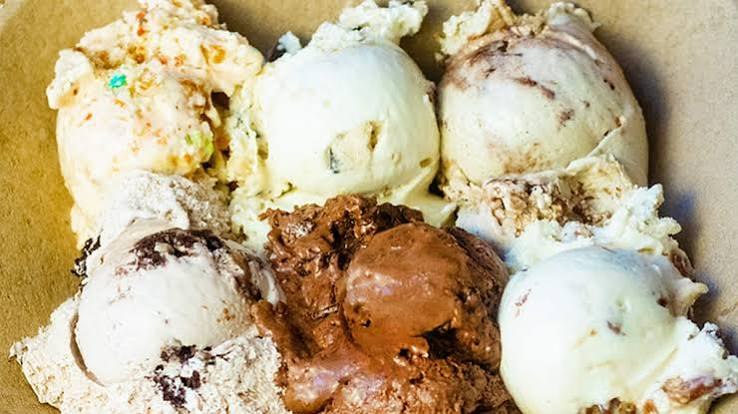 A bowl of six Betty Rae's ice cream scoops — one for each of us